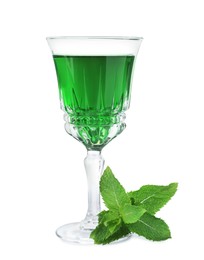Photo of Delicious mint liqueur and fresh leaves isolated on white