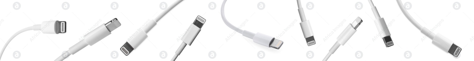 Image of Cable with lightning connector on white background, views from different sides