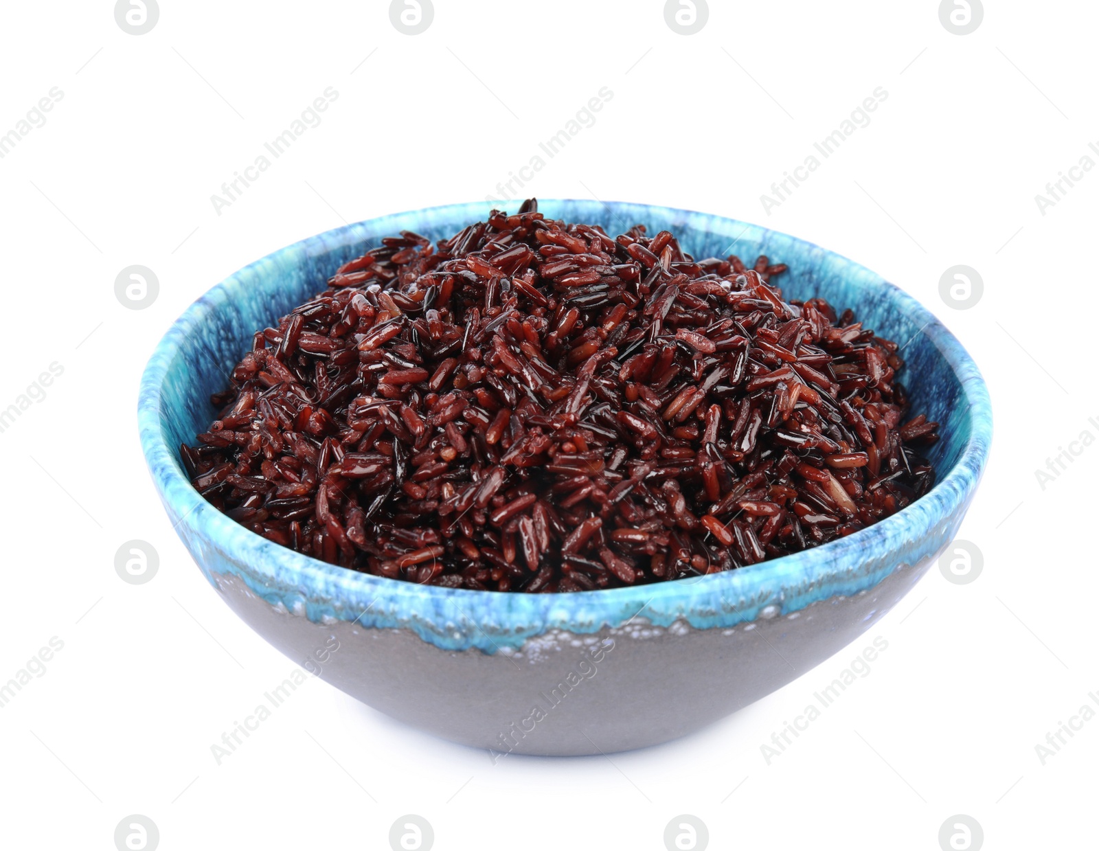 Photo of Bowl with delicious cooked brown rice on white background