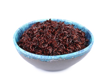 Bowl with delicious cooked brown rice on white background