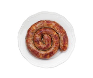 One ring of delicious homemade sausage isolated on white, top view