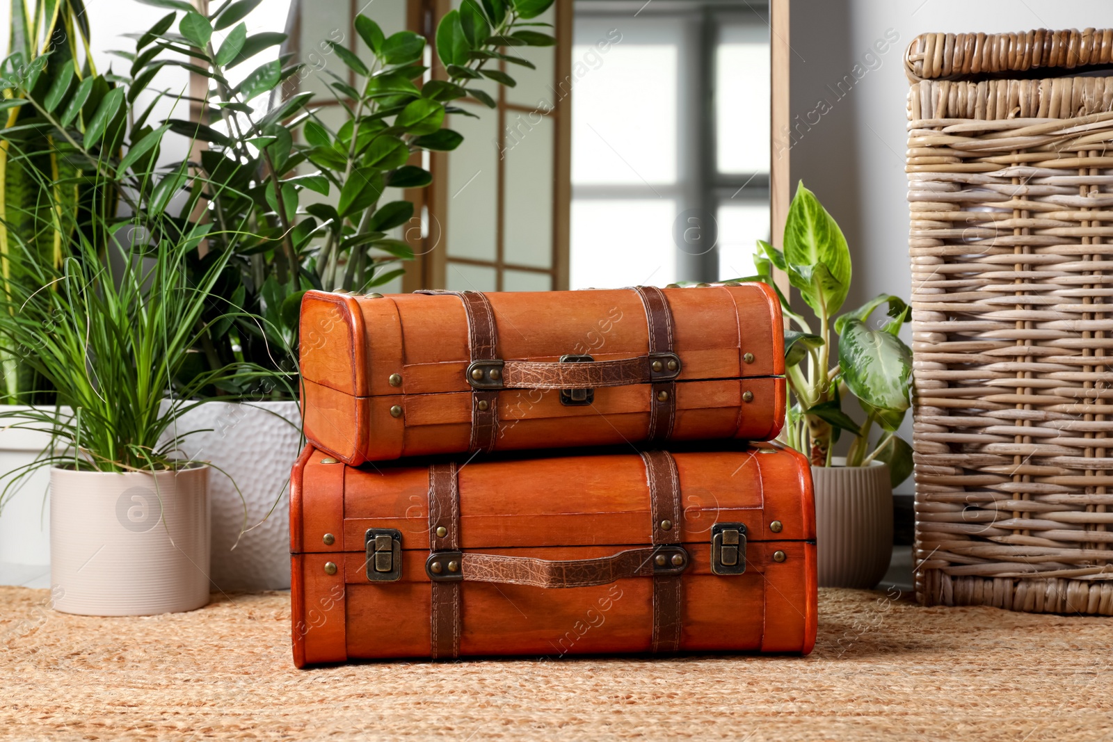 Photo of Beautiful brown stylish suitcases on carpet indoors