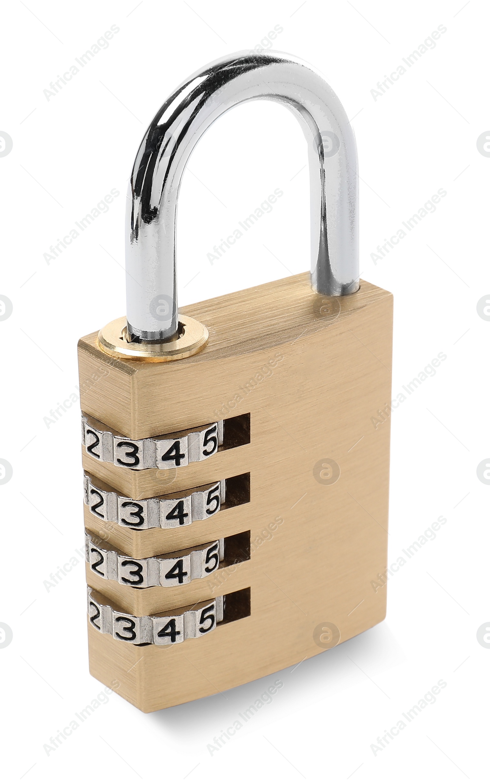 Photo of Locked steel combination padlock isolated on white