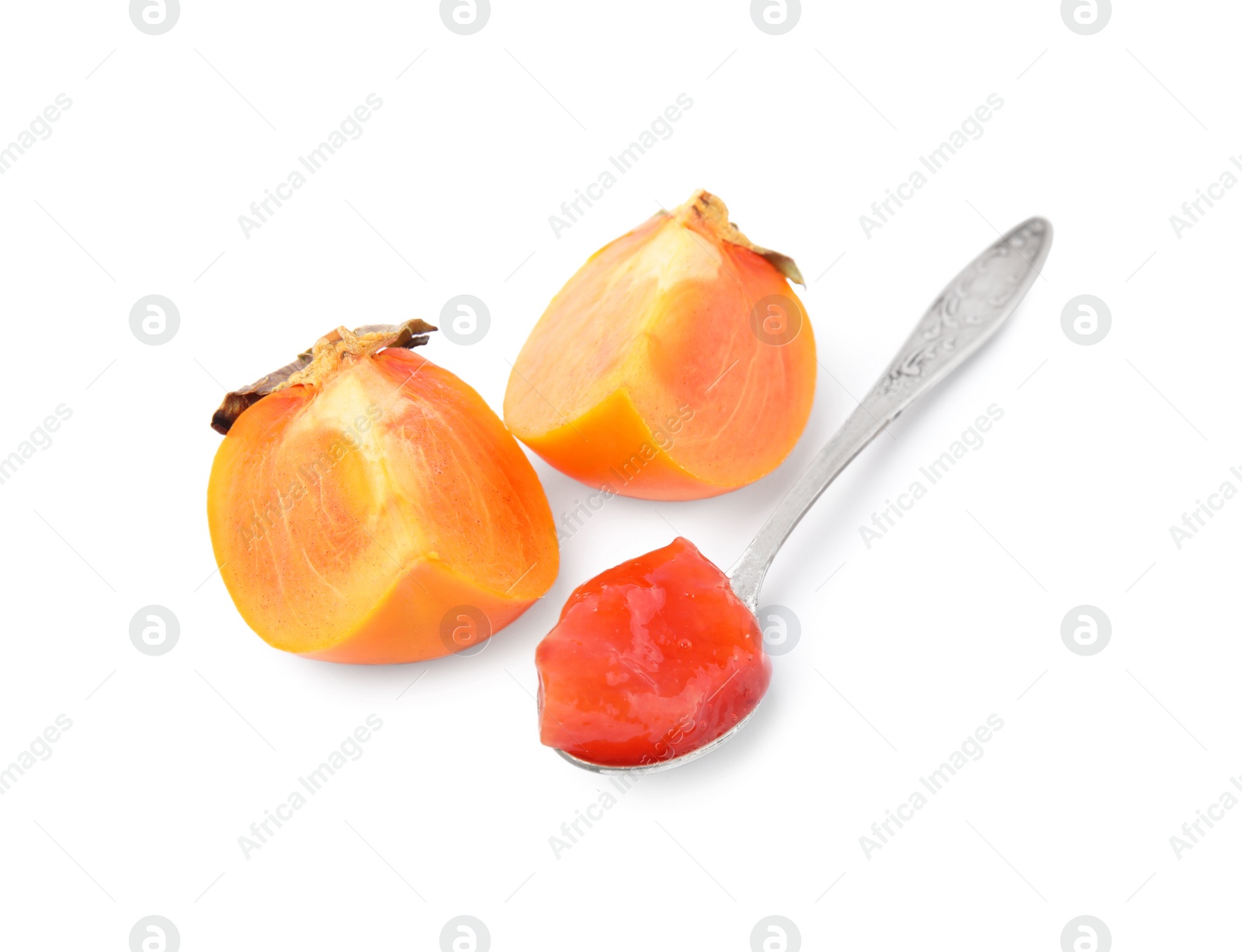 Photo of Spoon with tasty persimmon jam and fresh fruits on white background