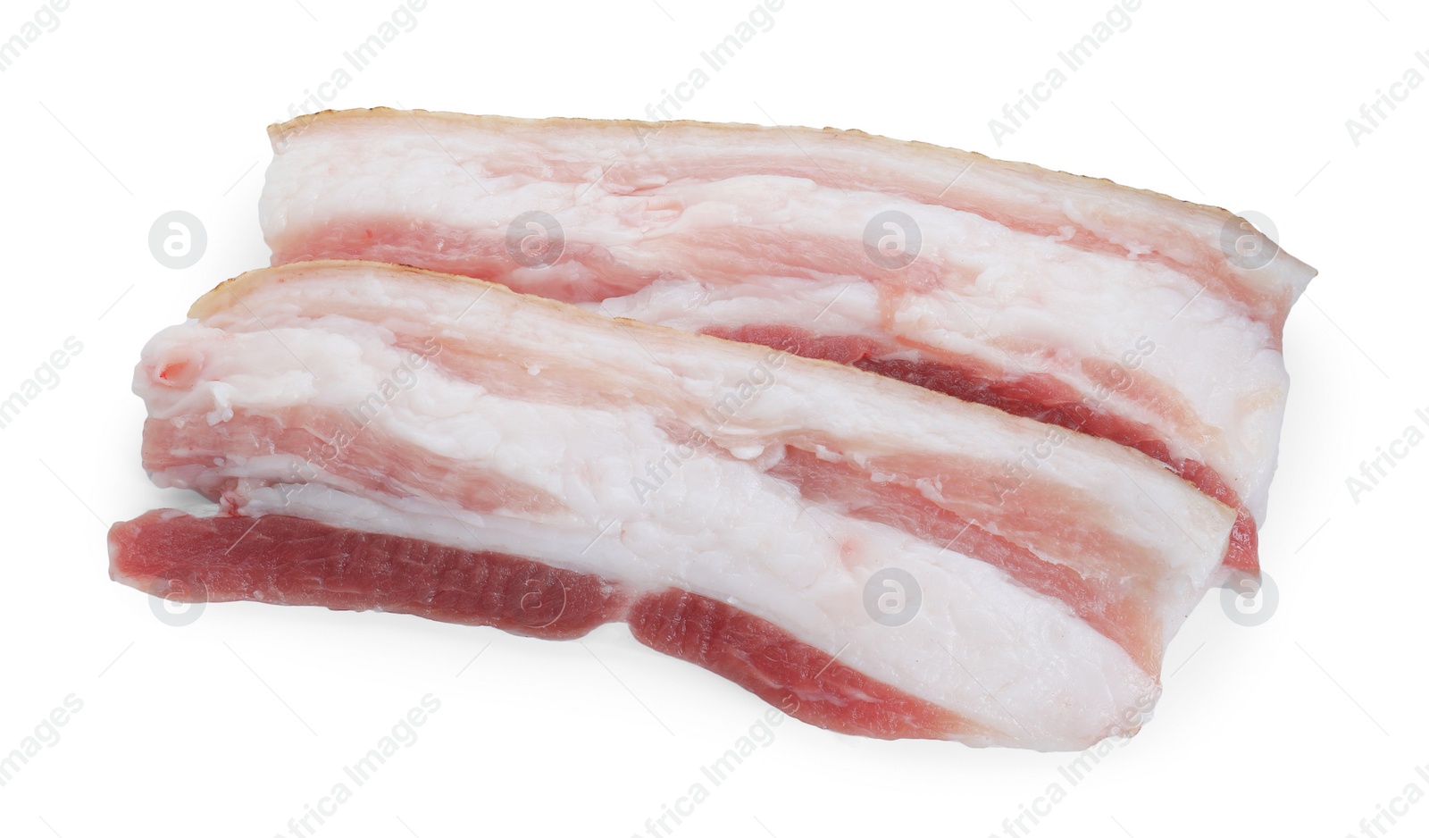 Photo of Pieces of raw pork belly isolated on white