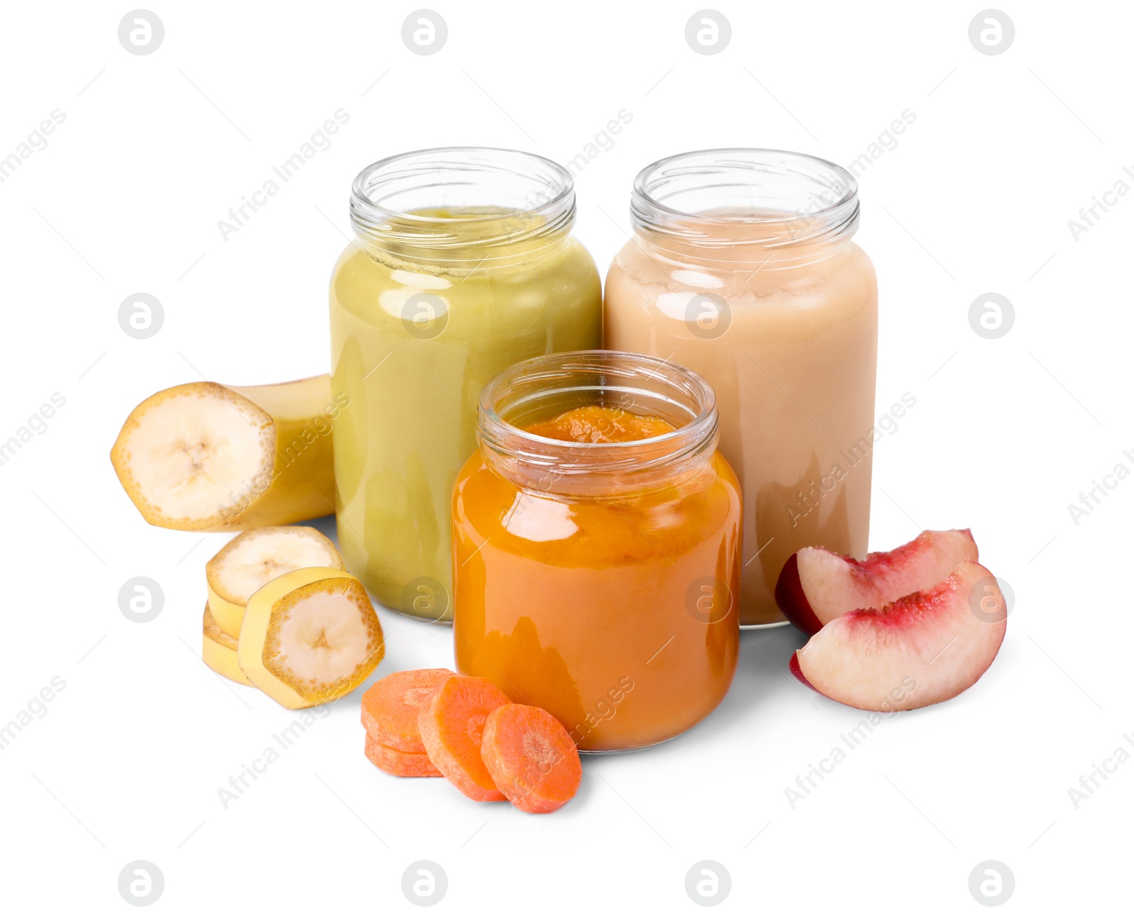 Photo of Jars of healthy baby food and ingredients isolated on white