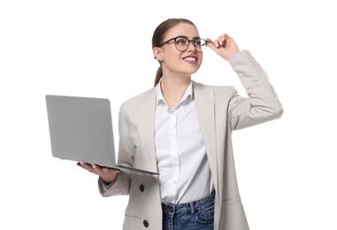 Photo of Happy woman in glasses with laptop on white background