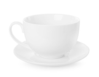 Photo of Ceramic cup with saucer isolated on white