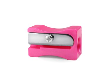 Photo of Plastic pink pencil sharpener isolated on white