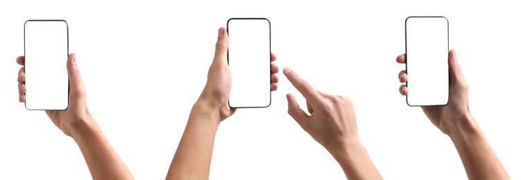 Image of Man holding phone with blank screen on white background, closeup. Set of photos