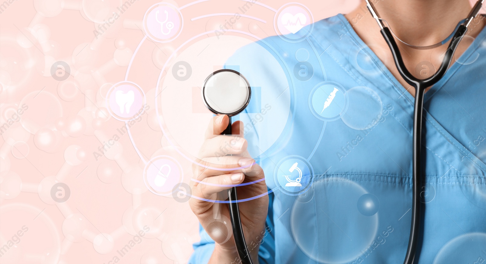 Image of Doctor with stethoscope on pink background, closeup. Medical service