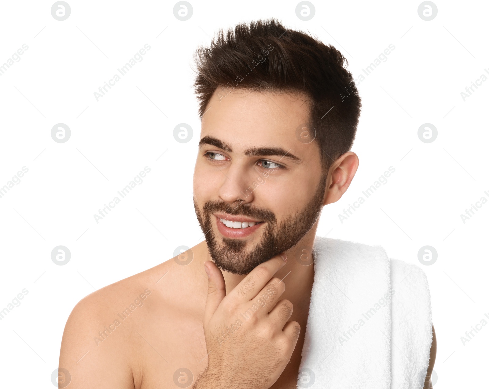 Photo of Handsome young man with beard after shaving on white background