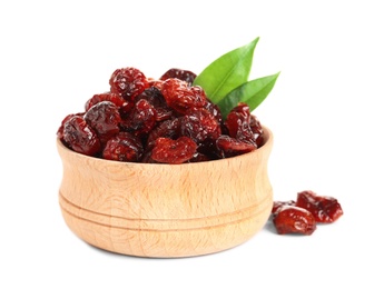 Photo of Bowl with cranberries on white background. Dried fruit as healthy snack