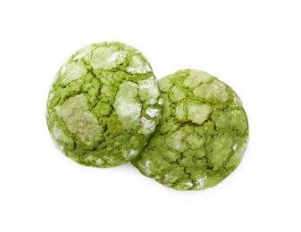 Photo of Two tasty matcha cookies isolated on white, top view
