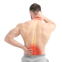 Man suffering from back and neck pain on white background