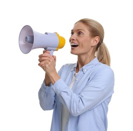 Photo of Special promotion. Woman shouting in megaphone on white background