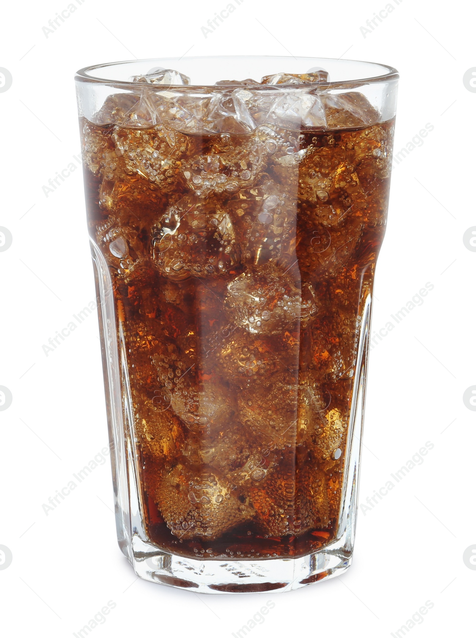 Photo of Glass of refreshing soda drink with ice cubes isolated on white