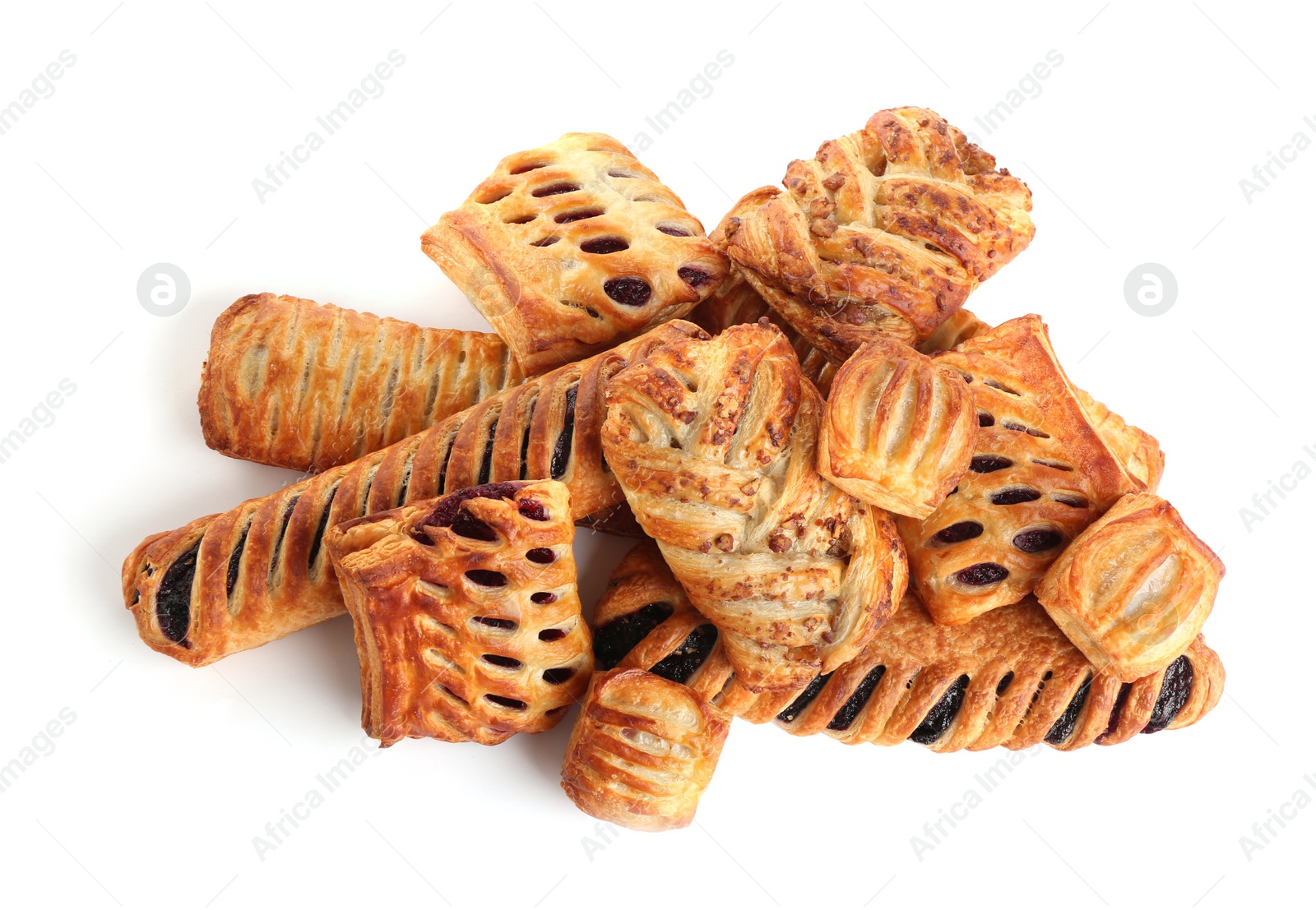 Photo of Heap of fresh tasty puff pastries on white background, top view