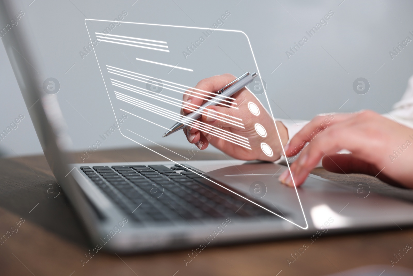 Image of Concept of electronic signature. Woman working on laptop at table indoors, closeup