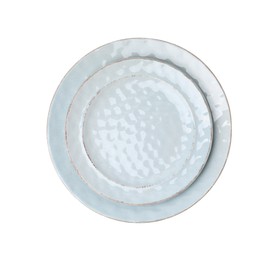 Photo of Two ceramic plates isolated on white, top view. Cooking utensils
