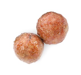 Photo of Tasty cooked meatballs on white background, top view