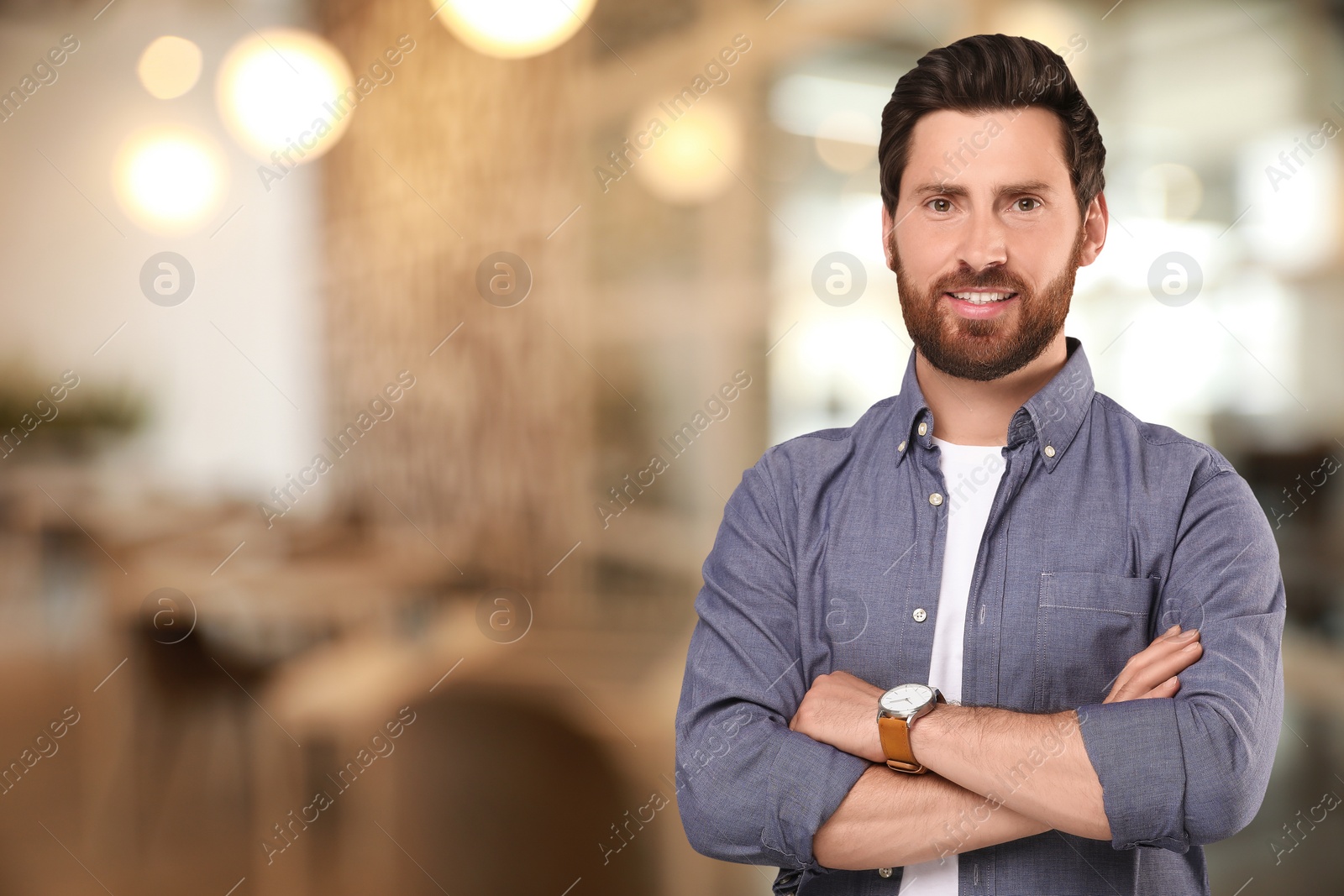 Image of Portrait of handsome confident man in office, space for text