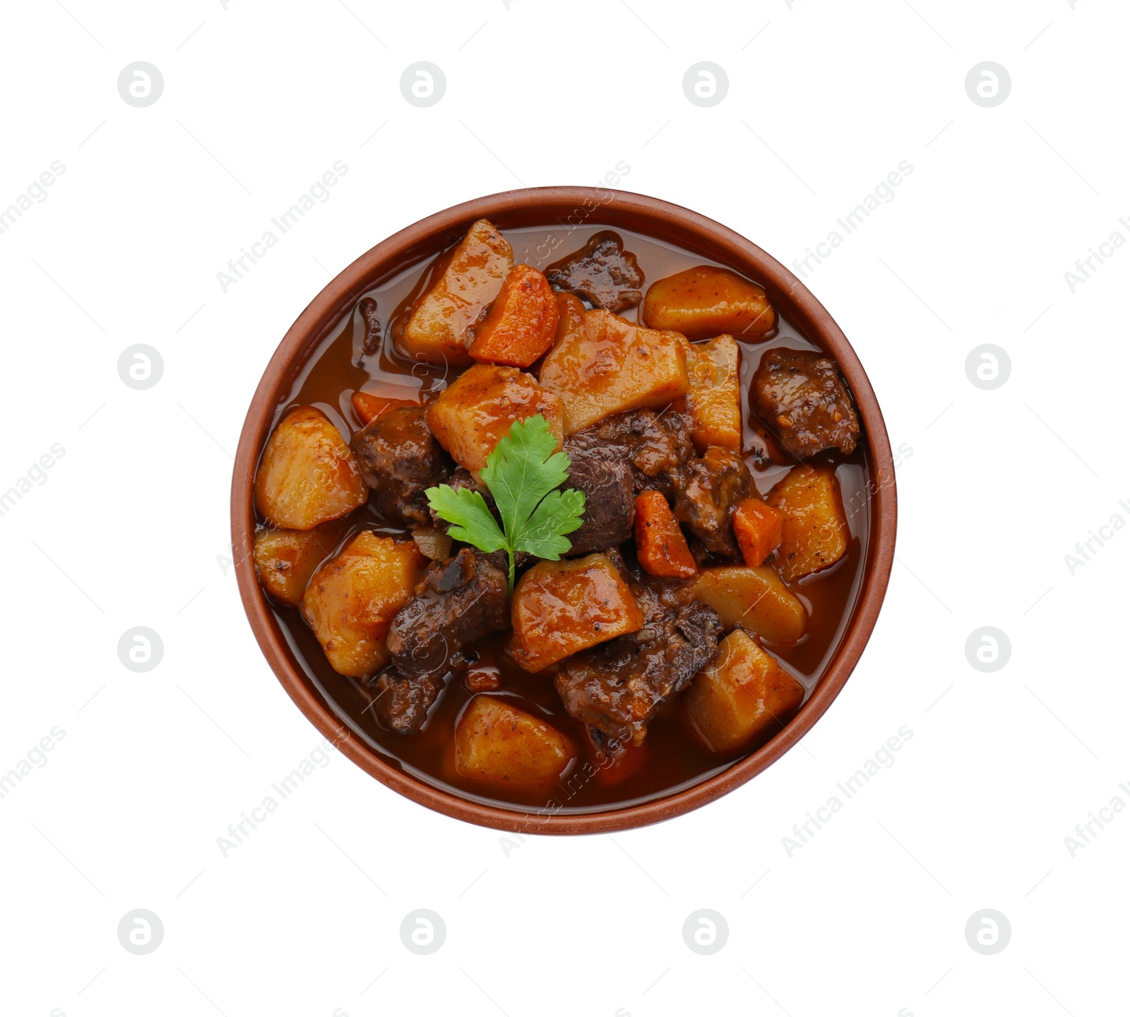 Photo of Delicious beef stew with carrots, parsley and potatoes on white background, top view