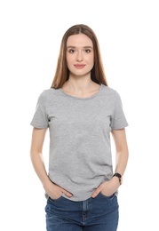 Photo of Young woman in t-shirt on white background. Mock up for design