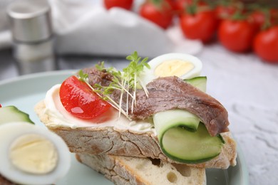 Delicious bruschettas with anchovies, tomato, cucumber, egg and cream cheese on white textured table, closeup