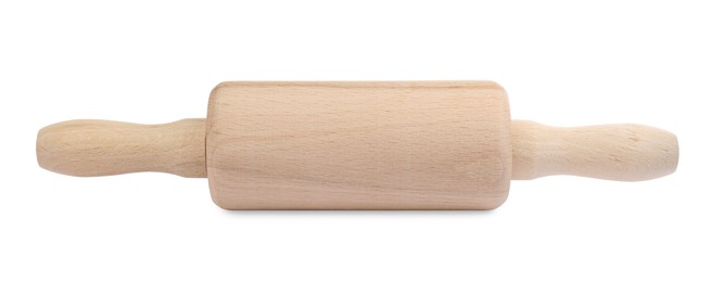 Photo of New wooden rolling pin on white background