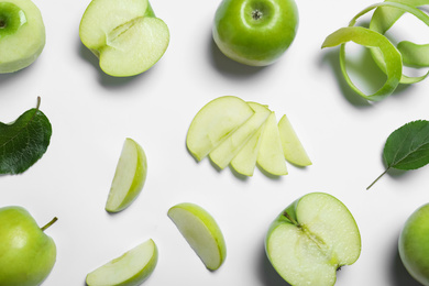 Photo of Fresh ripe green apples on white background, top view