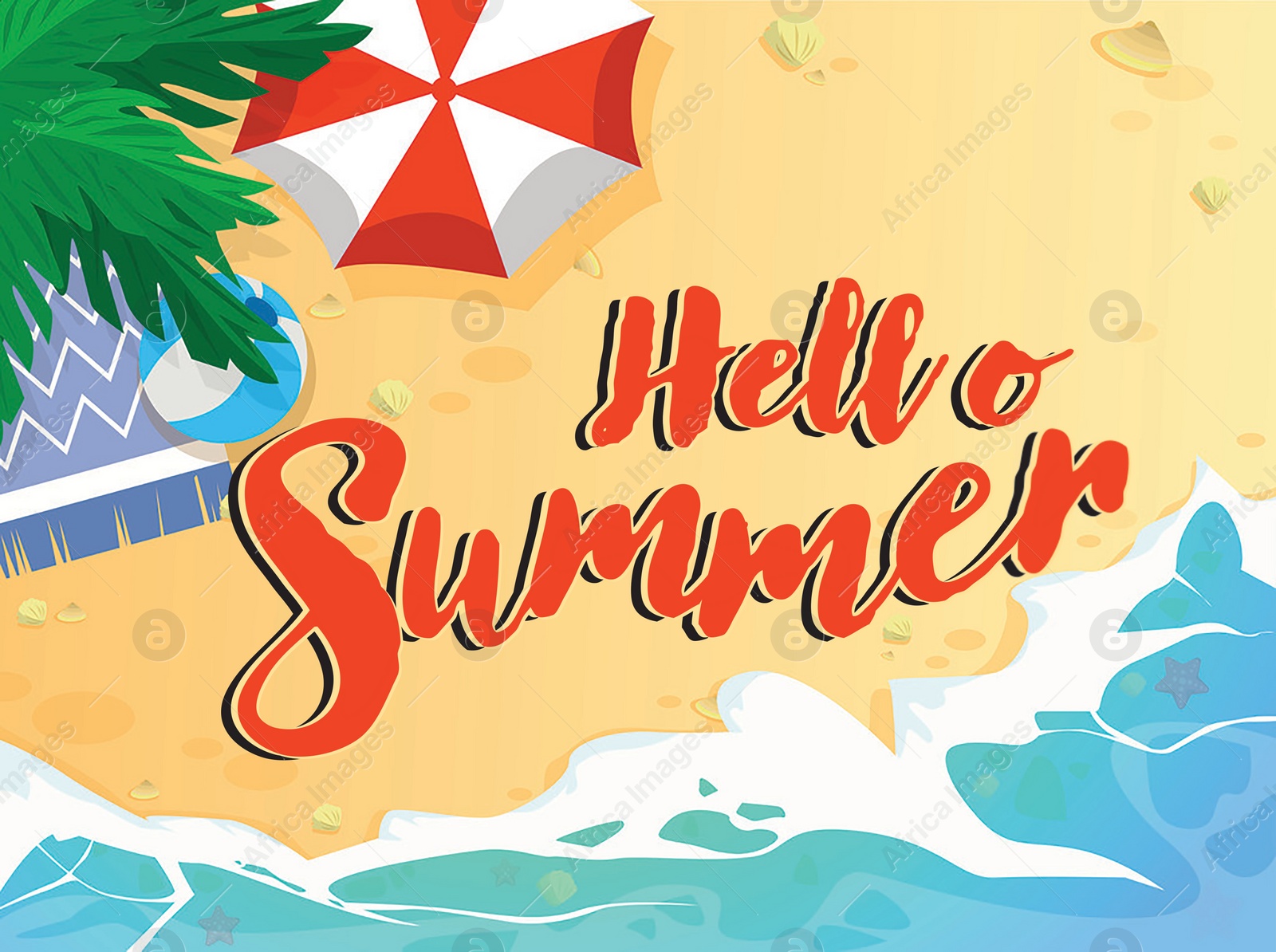 Illustration of Hello summer.  tropical beach with umbrella, ball and blanket near sea, top view