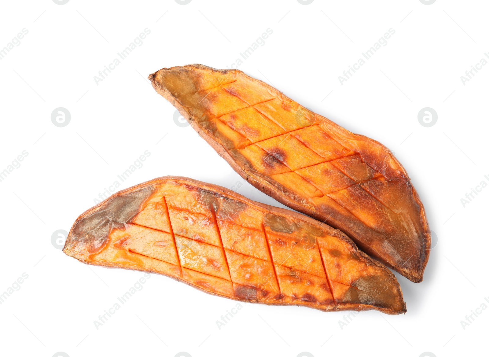 Photo of Pieces of baked sweet potato on white background