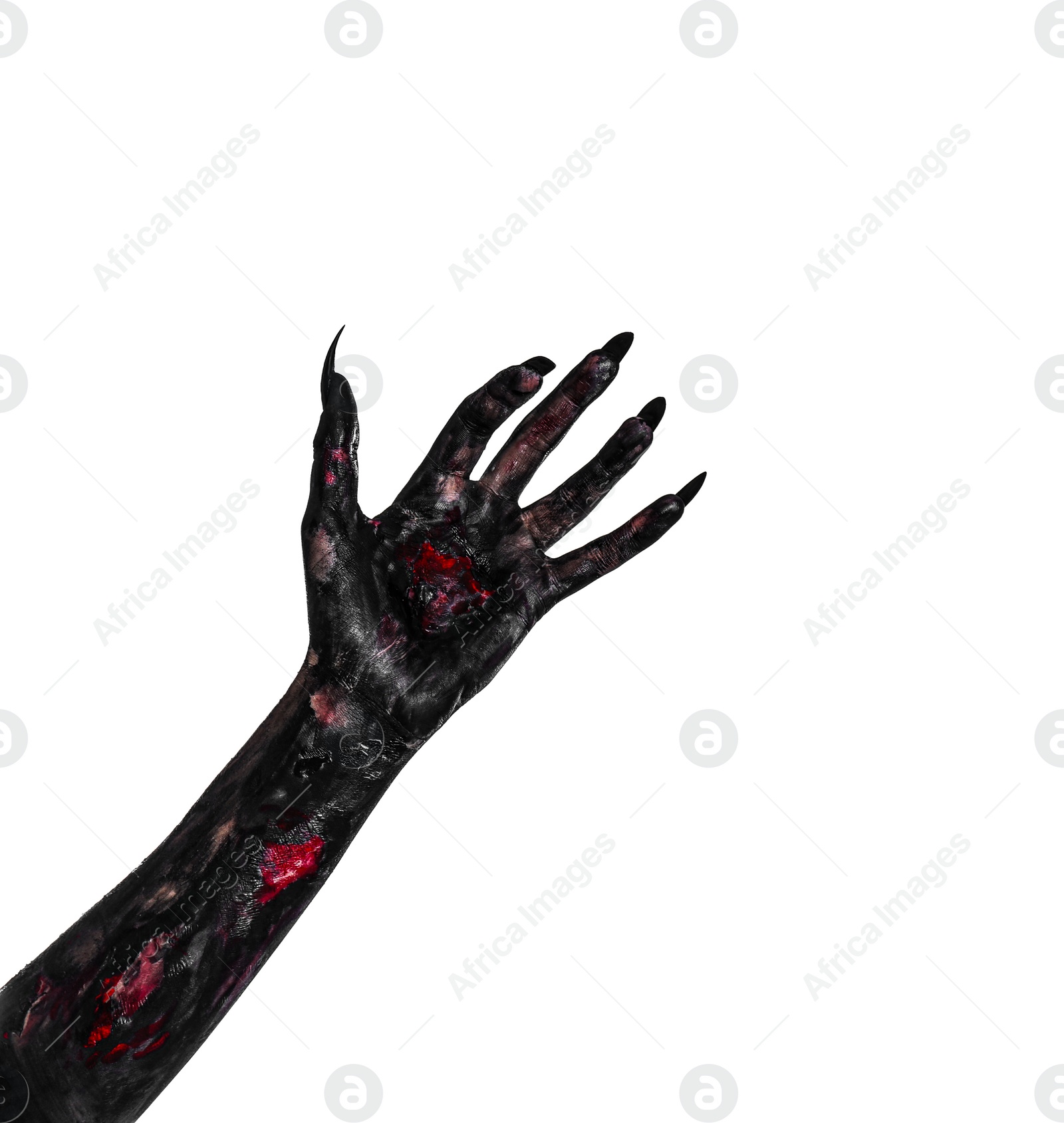 Photo of Scary monster on white background, closeup of hand. Halloween character