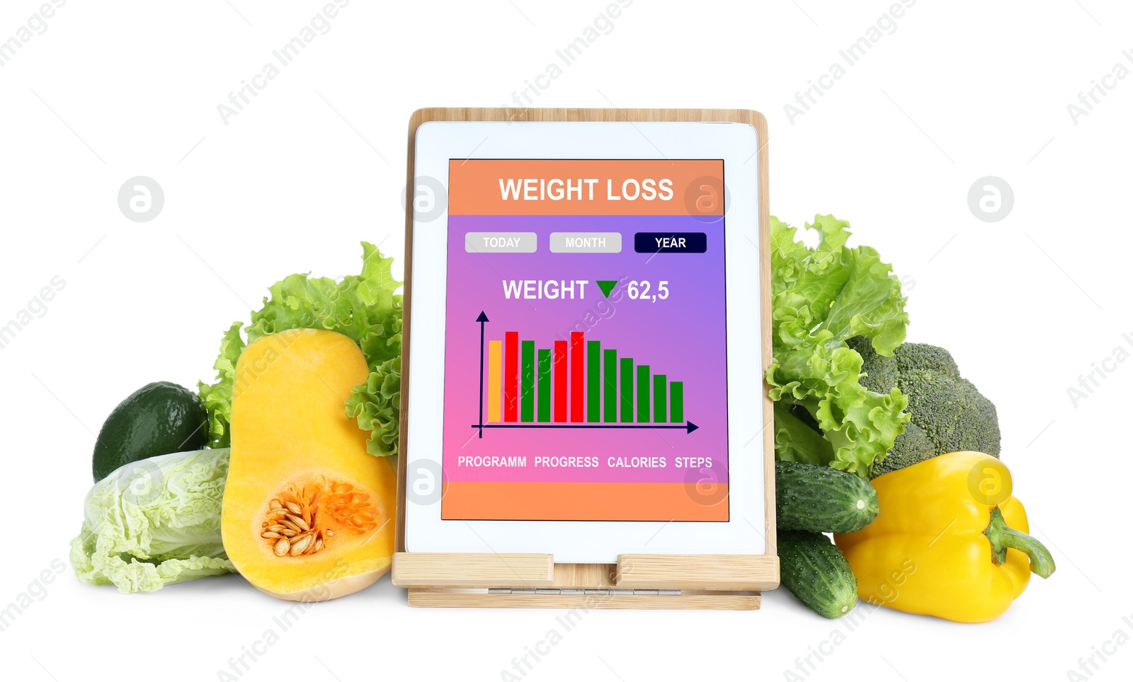 Photo of Tablet with weight loss calculator application and food products on white background