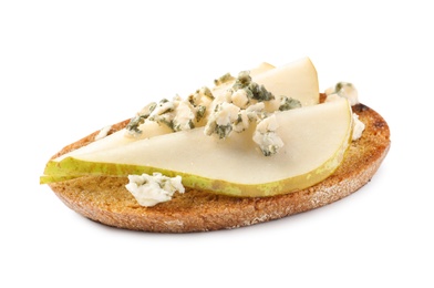 Photo of Tasty bruschetta with pear and cheese on white background