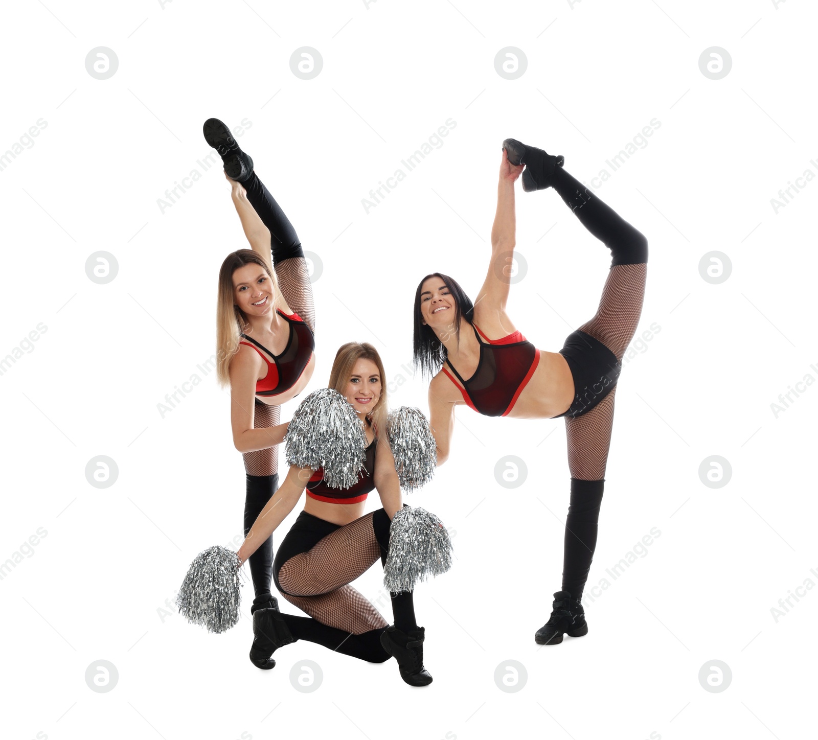 Photo of Group of beautiful cheerleaders on white background