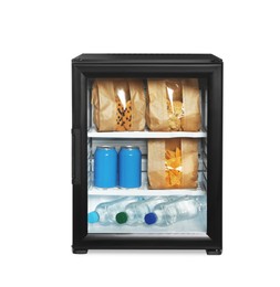 Photo of Mini bar filled with food and drinks isolated on white