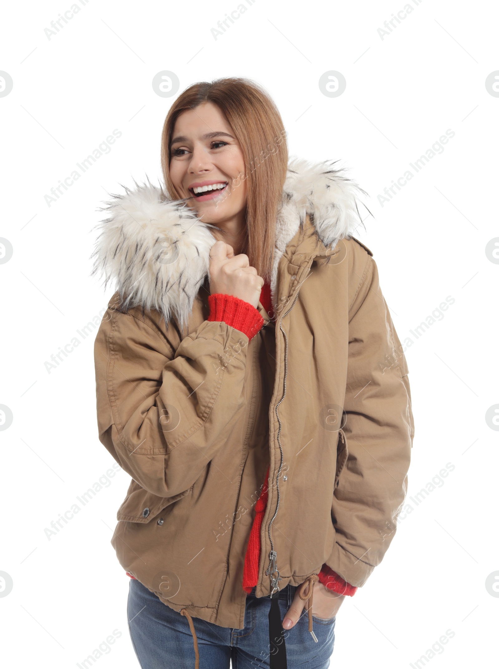 Photo of Young woman wearing warm clothes on white background. Ready for winter vacation