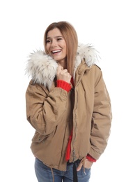 Young woman wearing warm clothes on white background. Ready for winter vacation