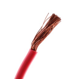 Red cable on white background, closeup. Electrician's supply