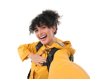 Beautiful woman taking selfie on white background