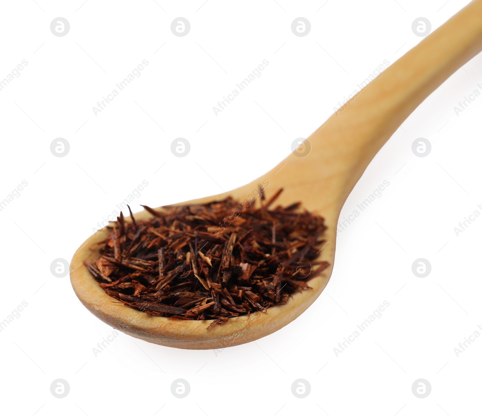 Photo of Rooibos tea in spoon isolated on white