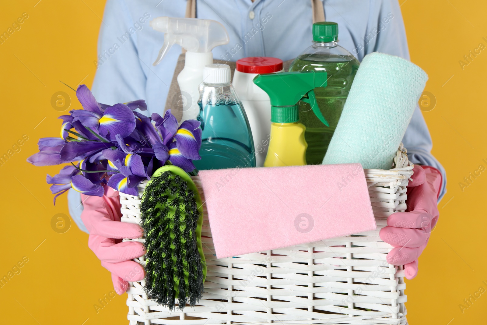 Photo of Spring cleaning. Woman holding basket with detergents, flowers and tools on orange background, closeup