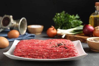 Photo of Raw ground meat and different products on grey table