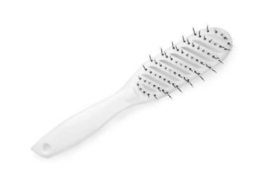 Photo of New plastic hair brush isolated on white, top view