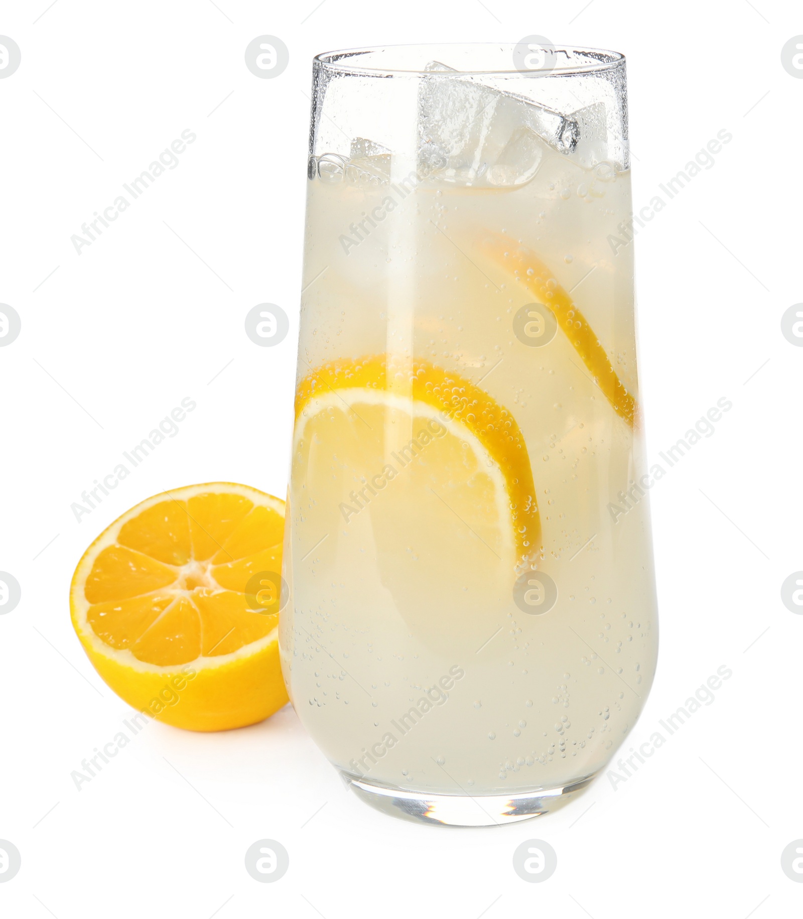 Photo of Refreshing lemonade with ice in glass on white background