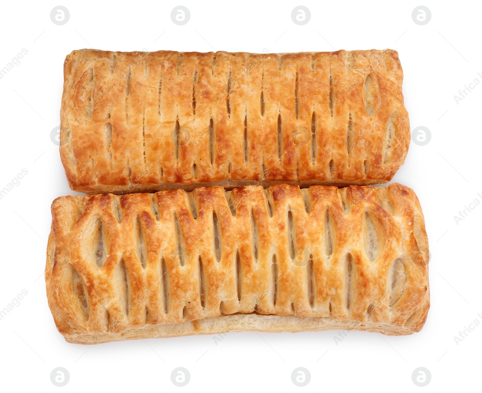 Photo of Fresh tasty puff pastry on white background, top view