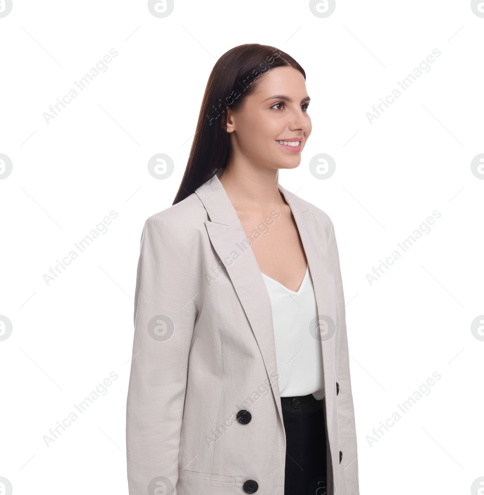 Photo of Beautiful young businesswoman in suit on white background