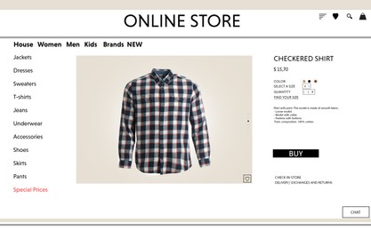Image of Online store website page with stylish shirt and information. Image can be pasted onto laptop or tablet screen